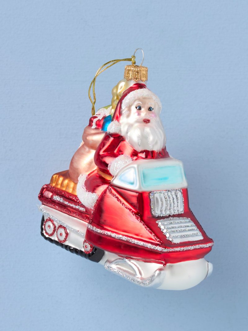 Blown Glass Santa On Snowmobile Ornament