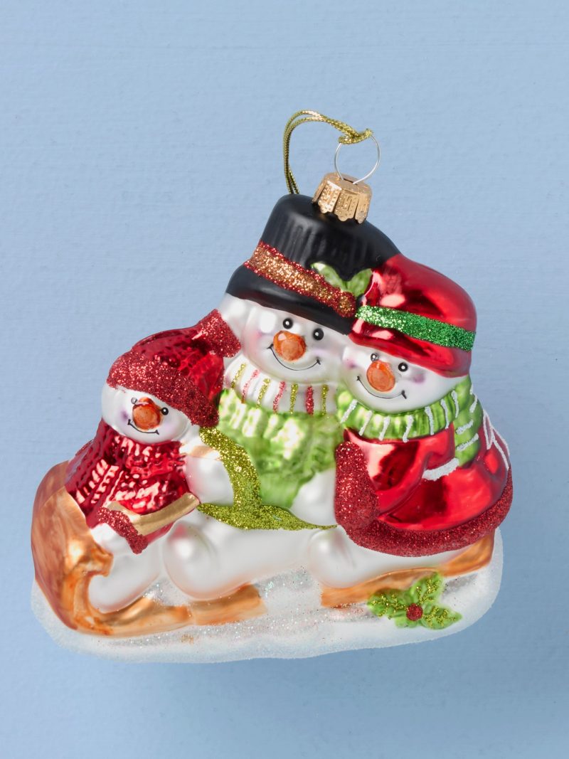 Blown Glass Snowmen On Sled Ornament